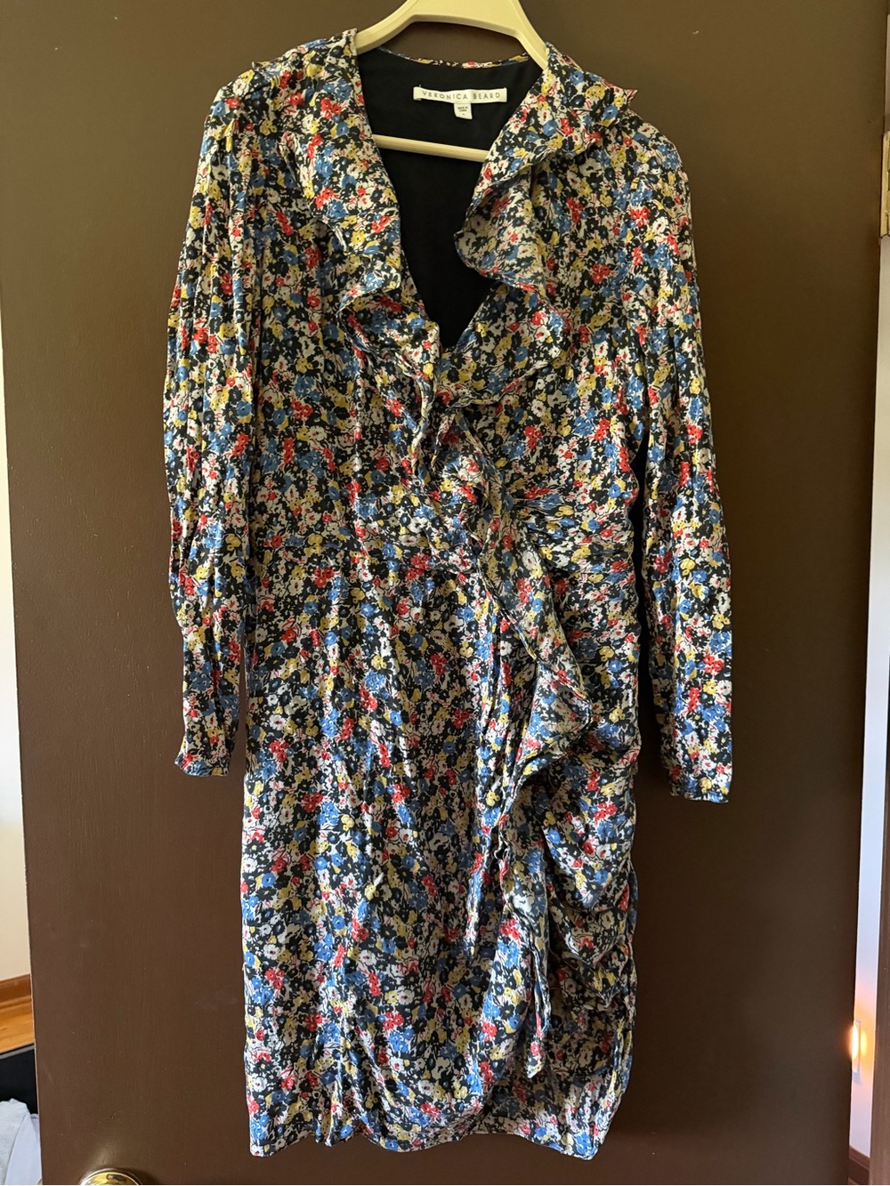 Veronica Beard Navy Multicolor Floral Ruffle Wrap Dress